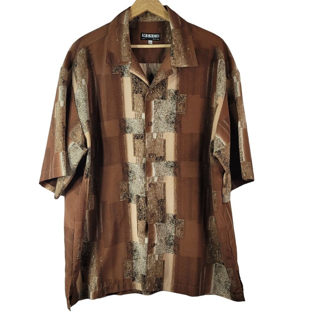 Mench Platinum Button Shirt Brown XXL Short Sleeve Collar Club Dance 90S Geo VTG